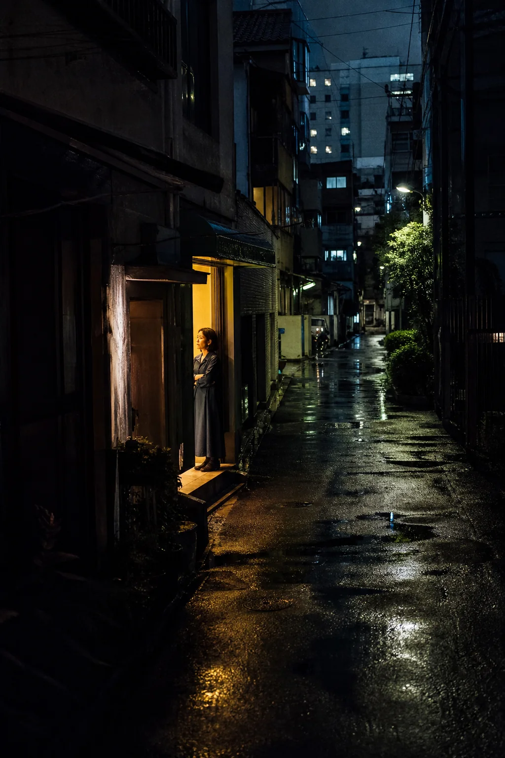 雨后城市巷道中的夜行者